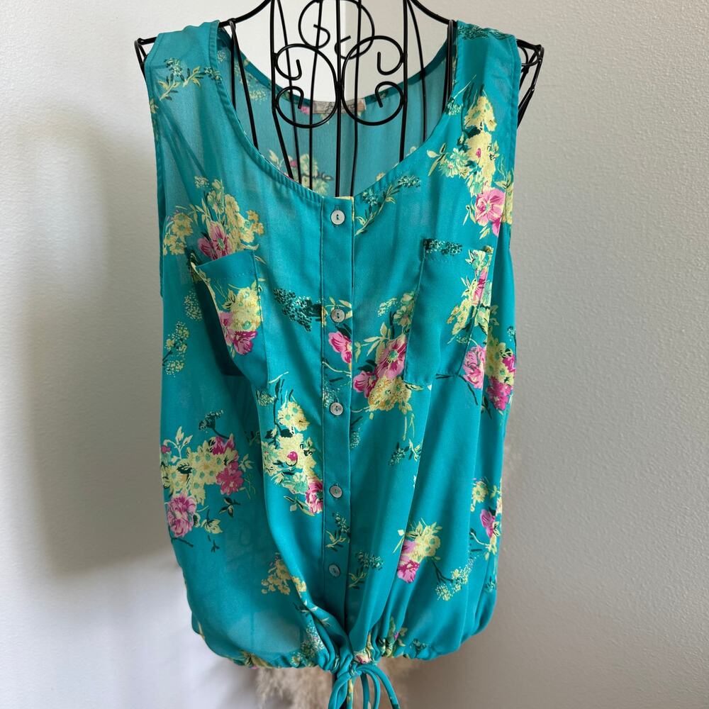 Freebird Green Floral Boho Button Front Tank Top Tie Bottom